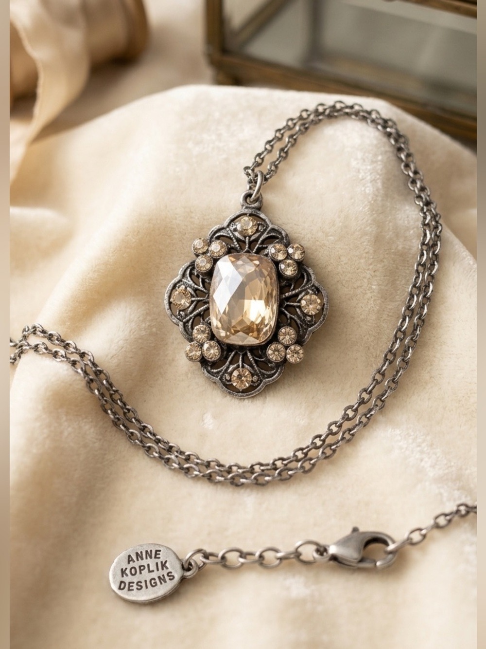 Anne Koplik Designs Antiqued Silver Tone Crystal Filigree Pendant Necklace
